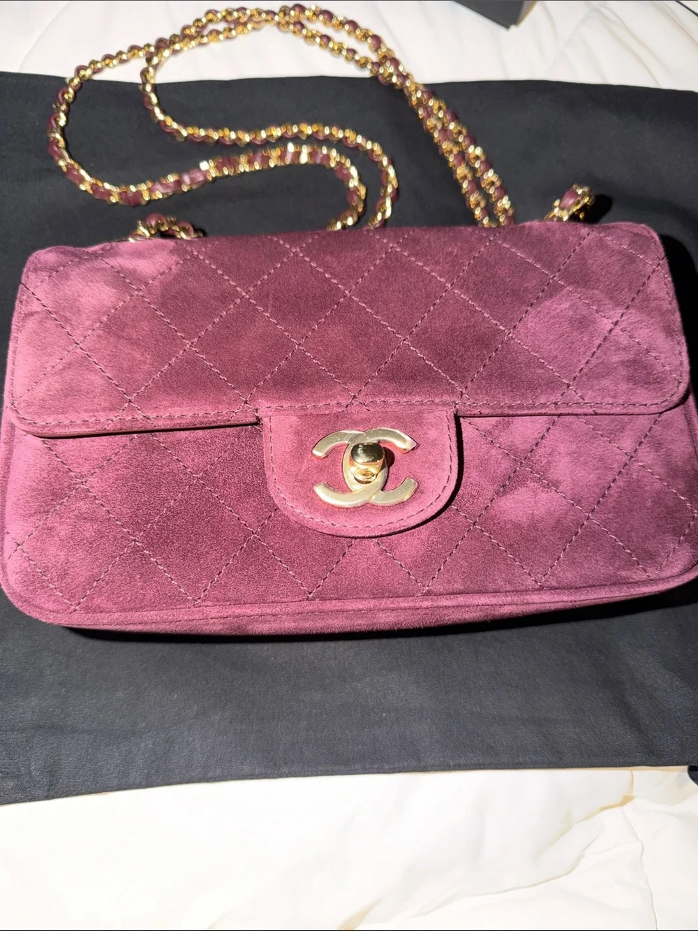 CHANEL Souplissimo mini Burgundy Quilted Suede Shoulder Bag with Gold Chain